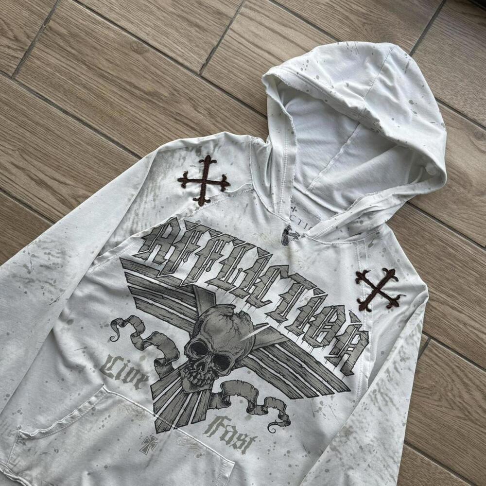 Y2K Affliction Distressed Skull Cross White Hoodie - Picture 5 of 8